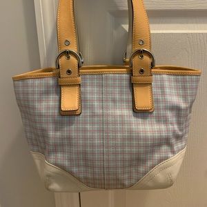 Coach Plaid Cloth Bag with Leather Handles and Bottom